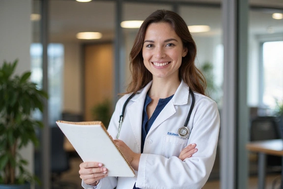 Eine Person, die ein Notizbuch hält und lächelt, im Hintergrund unscharfe Büros. Beschreibt den persönlichen und beratenden Ansatz.